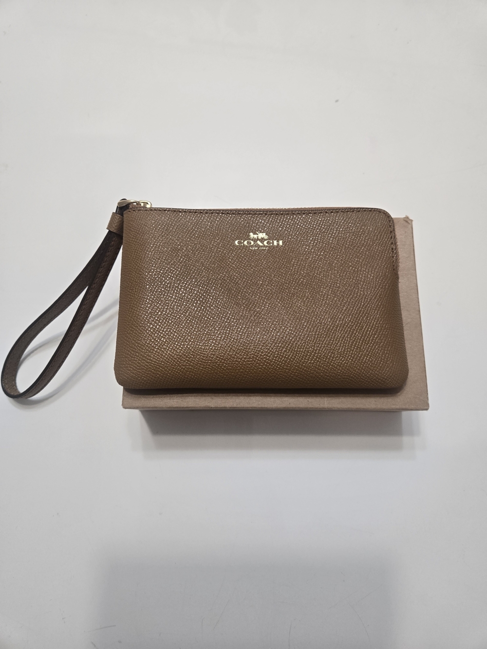 Coach Brown Leather Wristlet Clutch with Gold Logo